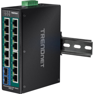TRENDnet TI-PG162 16-Port Ethernet Switch, 14 Gigabit PoE+ ports, 2 Gigabit SFP slots, 32 Gbps switching capacity, DIN-rail/wall mount